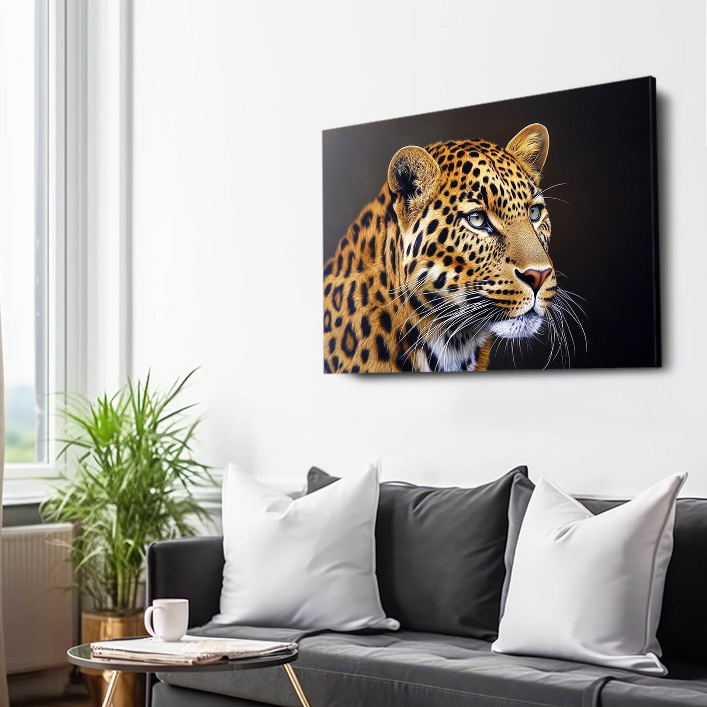 Dark Profile Portrait Leopard Art – styled in a furnished interior