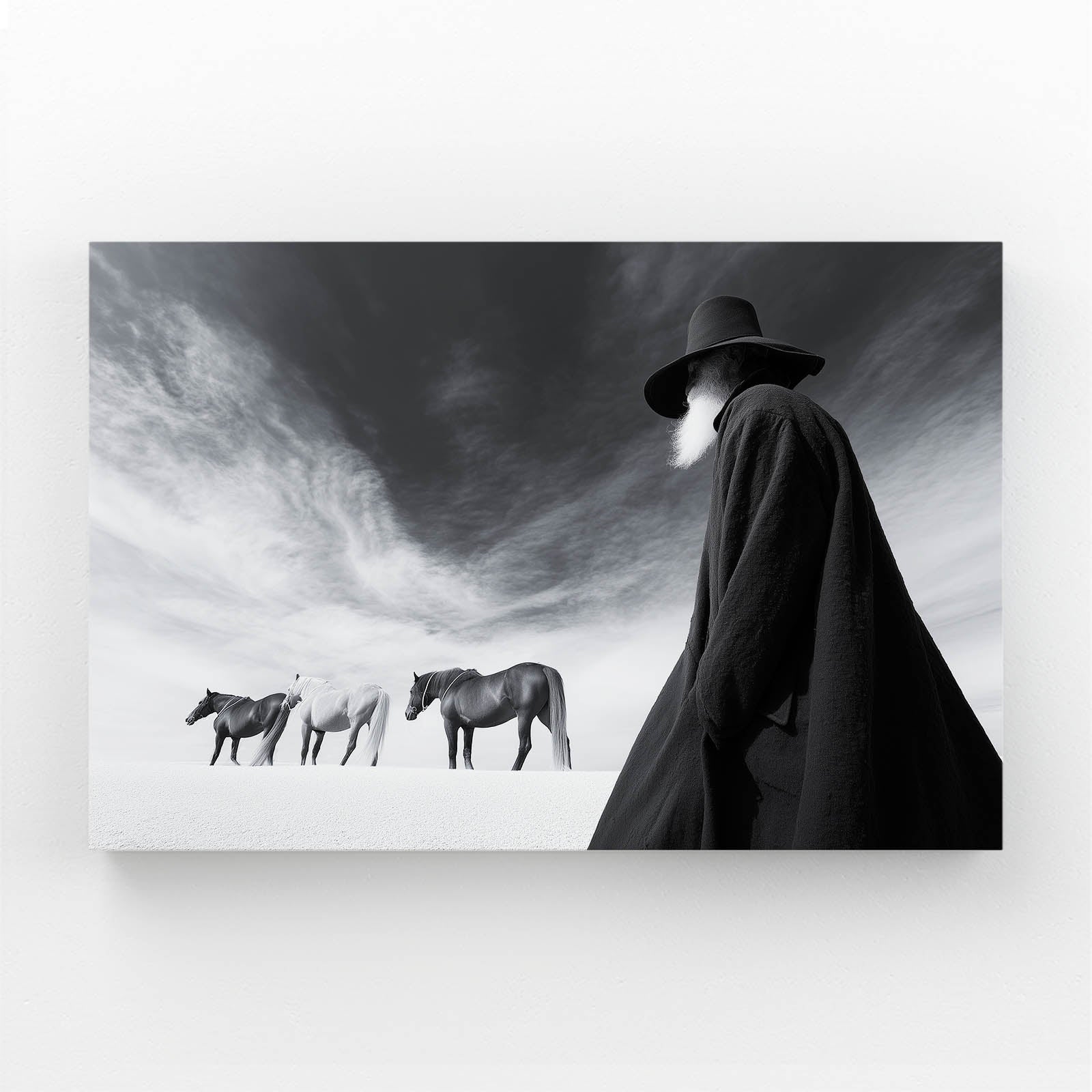 Dark Rider Wall Art Photography – cloaked figure in a hat watching distant horses
