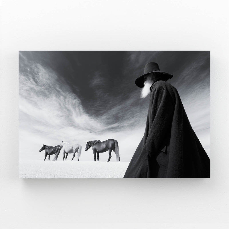 Dark Rider Wall Art Photography – cloaked figure in a hat watching distant horses