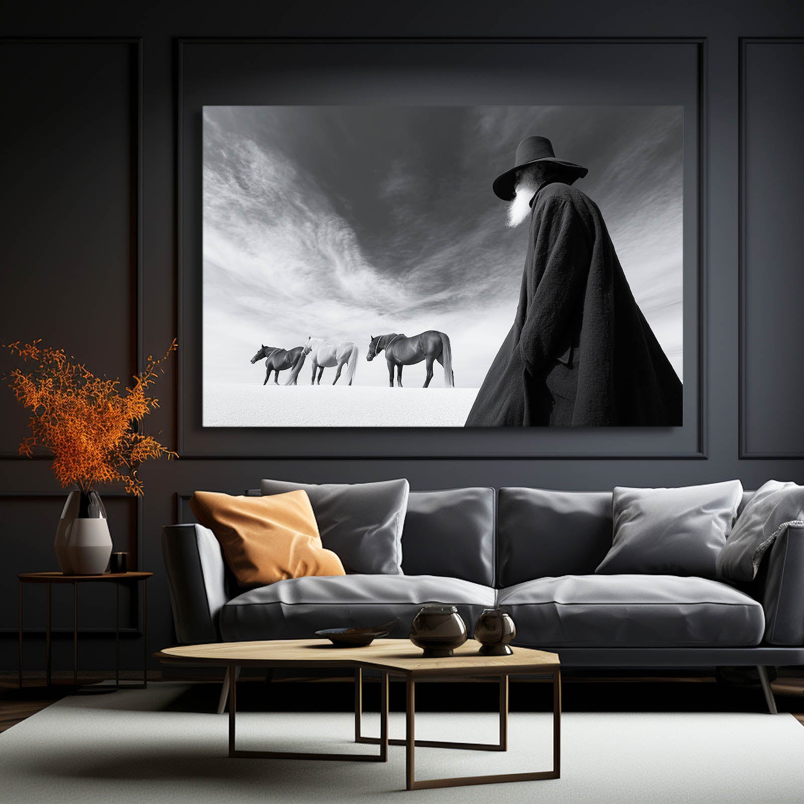 Dark Rider Wall Art Photography – above a grey sofa with autumn decor