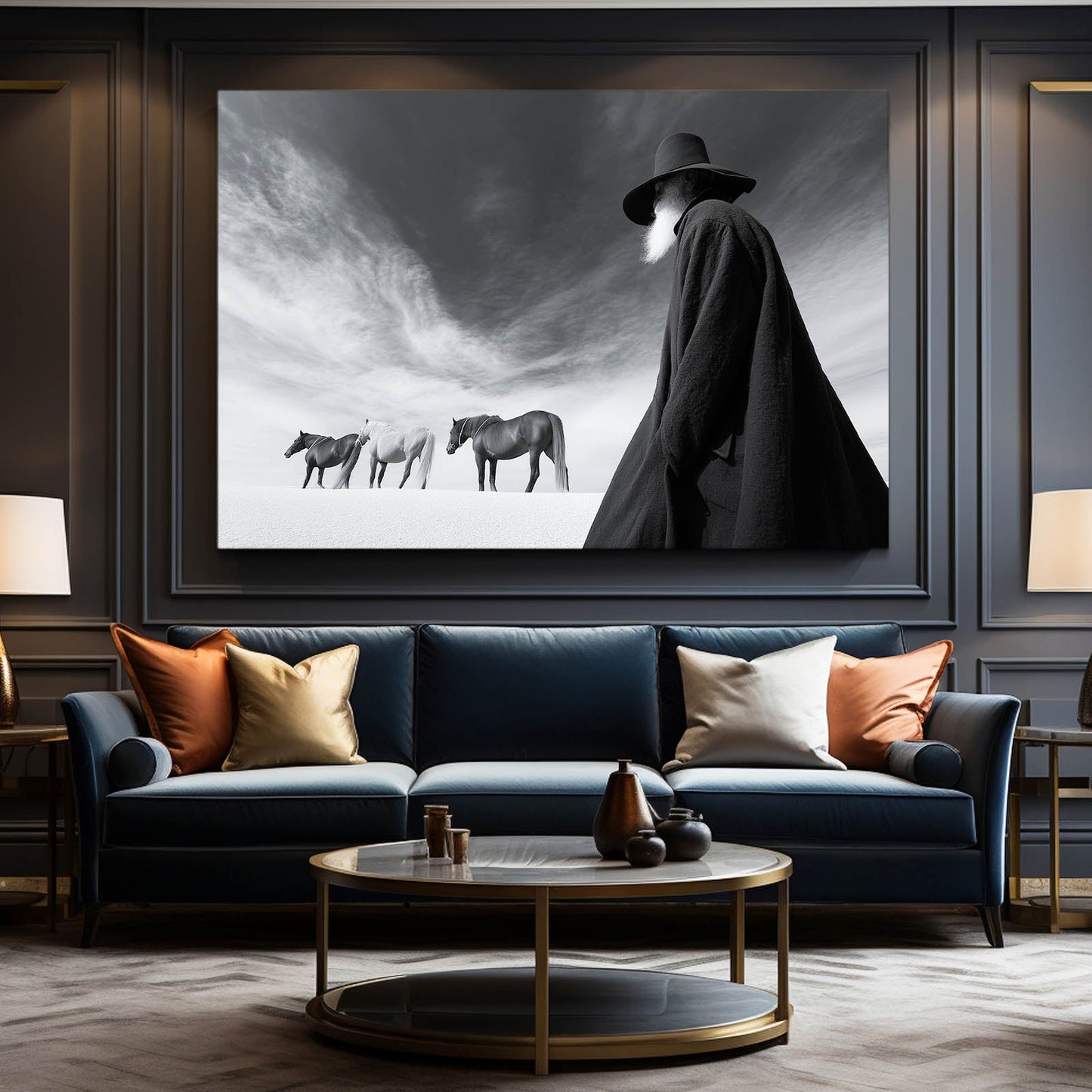 Dark Rider Wall Art Photography – above a navy sofa in a dark panelled lounge