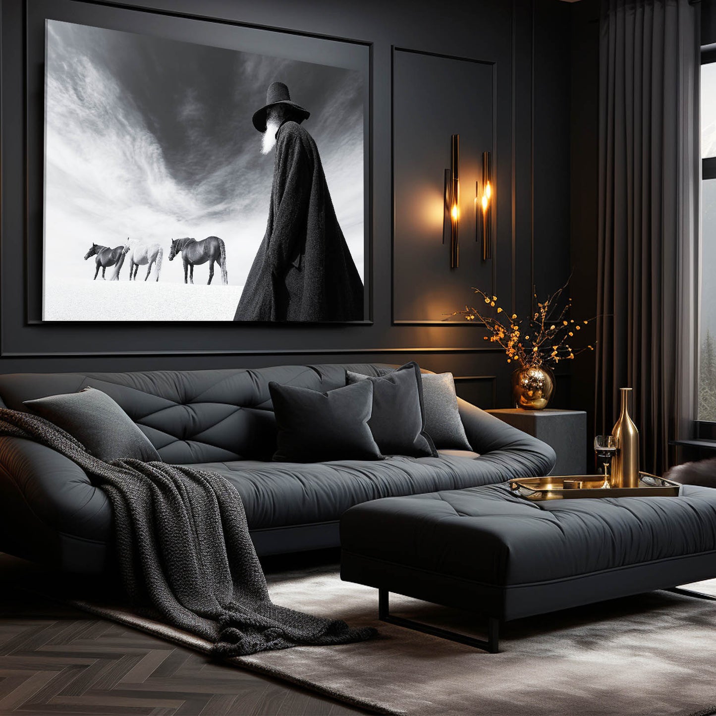 Dark Rider Wall Art Photography – in a dark bedroom with ottoman and throw