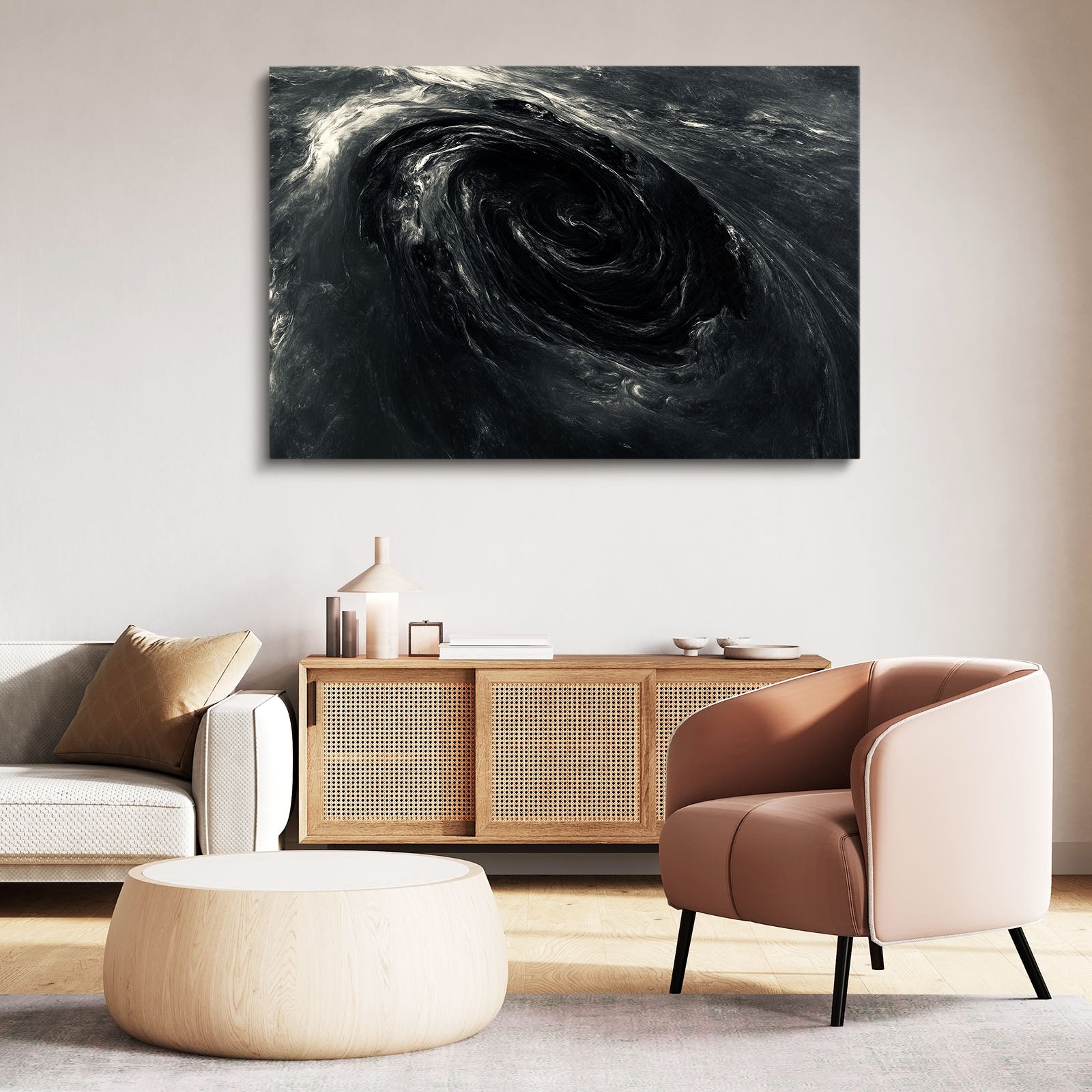 Dark Whirlpool Motion Abstract Canvas – styled in a furnished interior