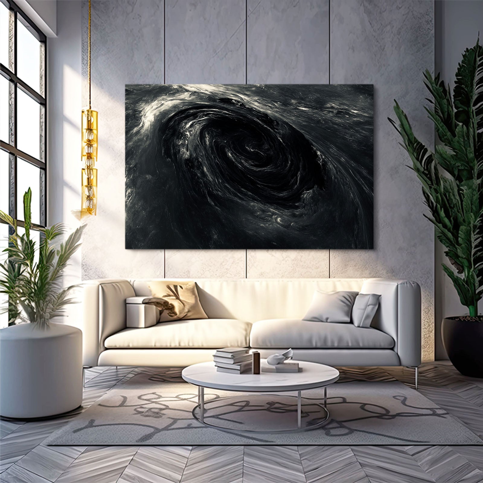 Dark Whirlpool Motion Abstract Canvas – styled in a furnished interior
