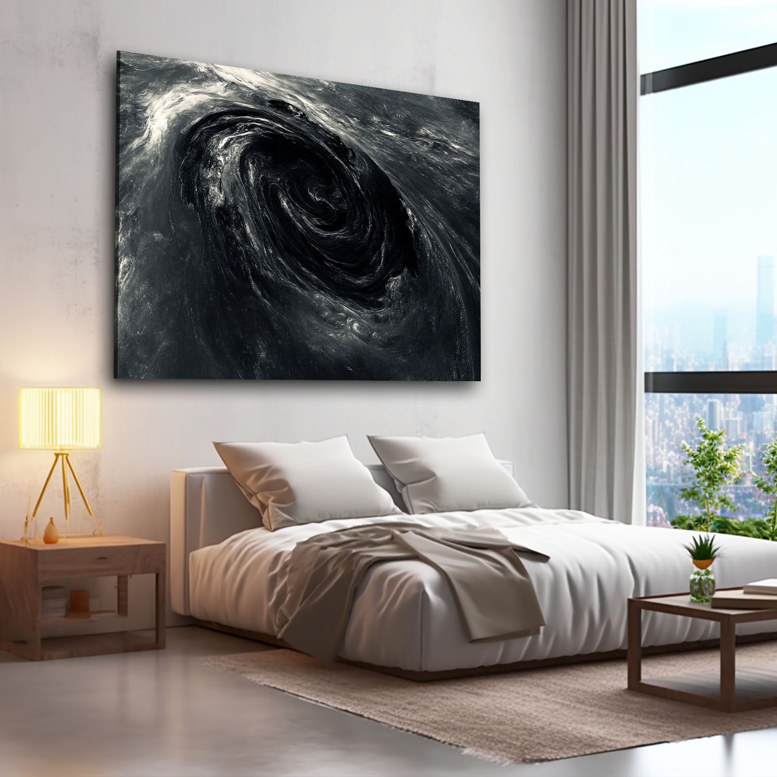 Dark Whirlpool Motion Abstract Canvas – styled in a furnished interior