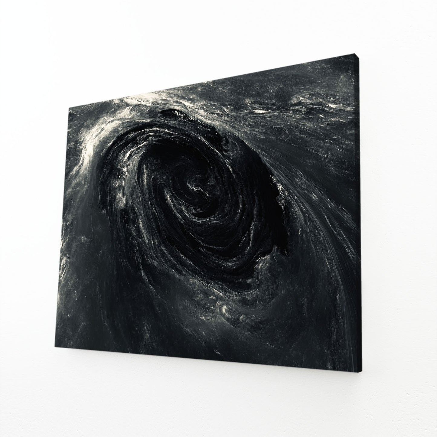 Dark Whirlpool Motion Abstract Canvas – angled canvas view on white background