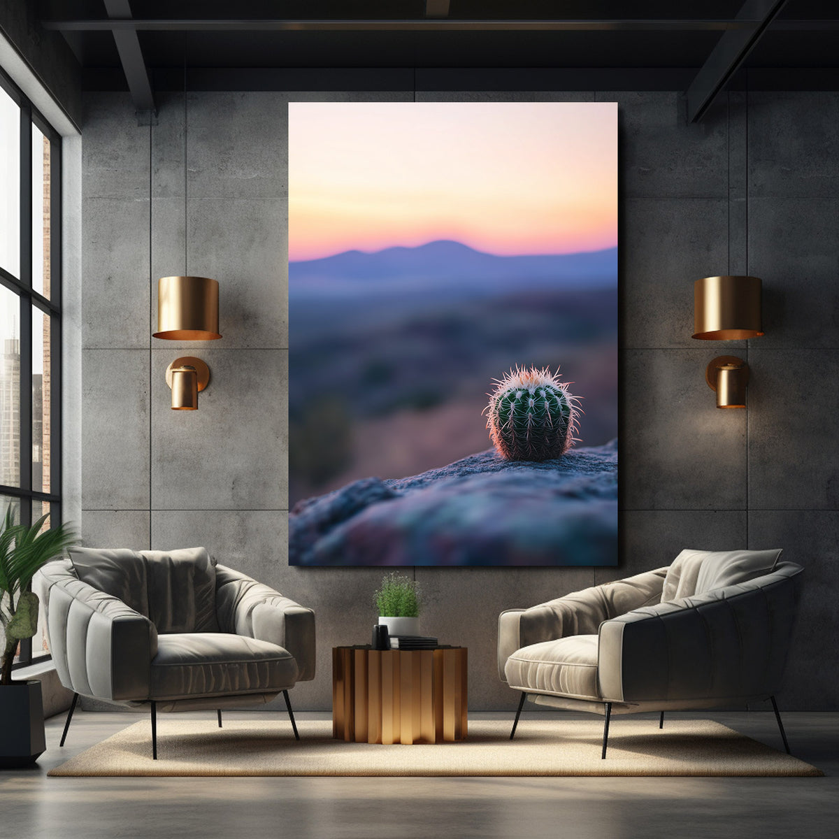 Dawn Barrel Bloom Cactus Wall Art — photography canvas print, styled in a furnished interior
