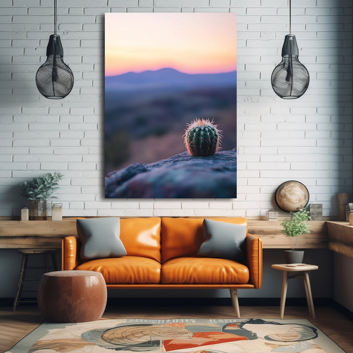 Dawn Barrel Bloom Cactus Wall Art — photography canvas print, styled in a furnished interior