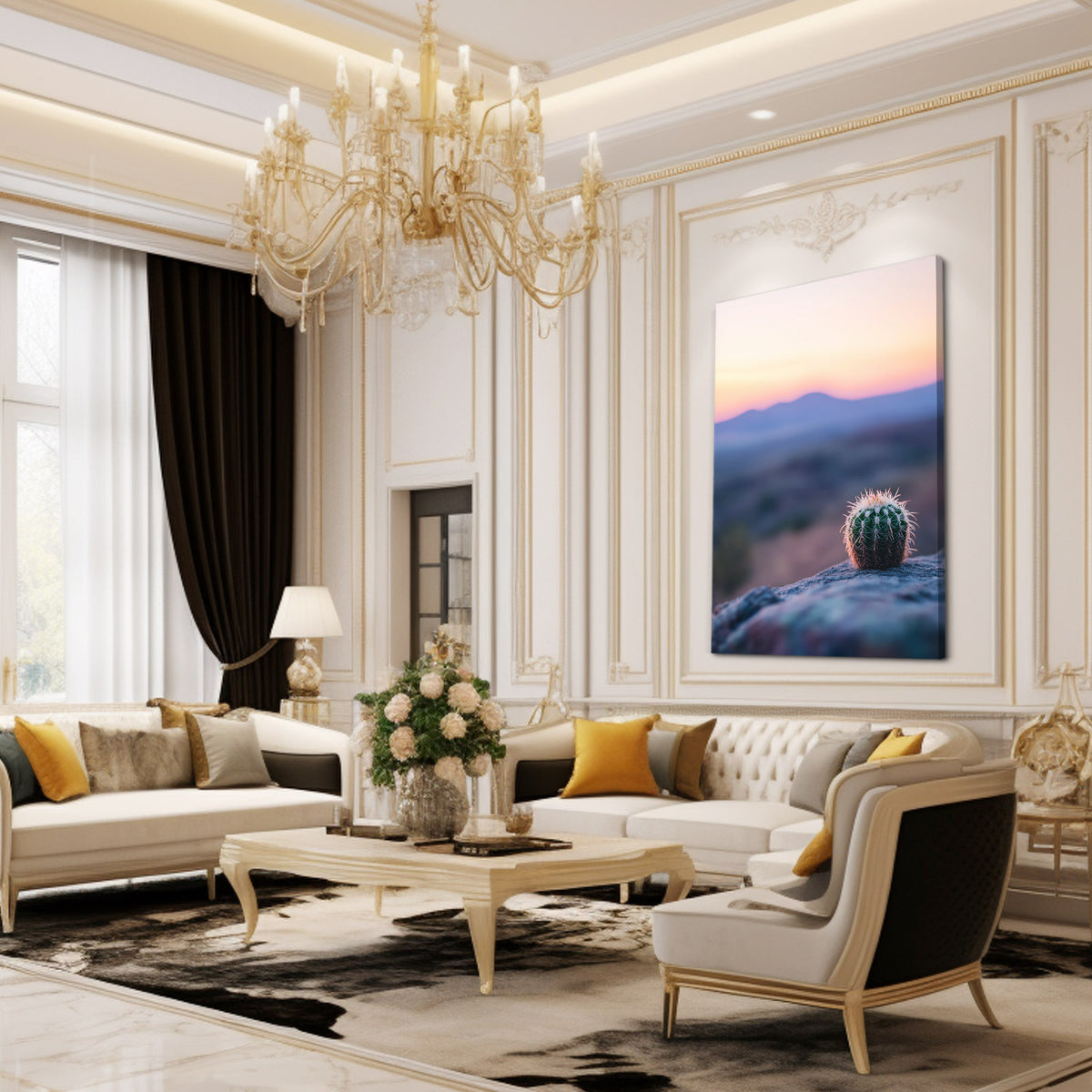 Dawn Barrel Bloom Cactus Wall Art — photography canvas print, styled in a furnished interior