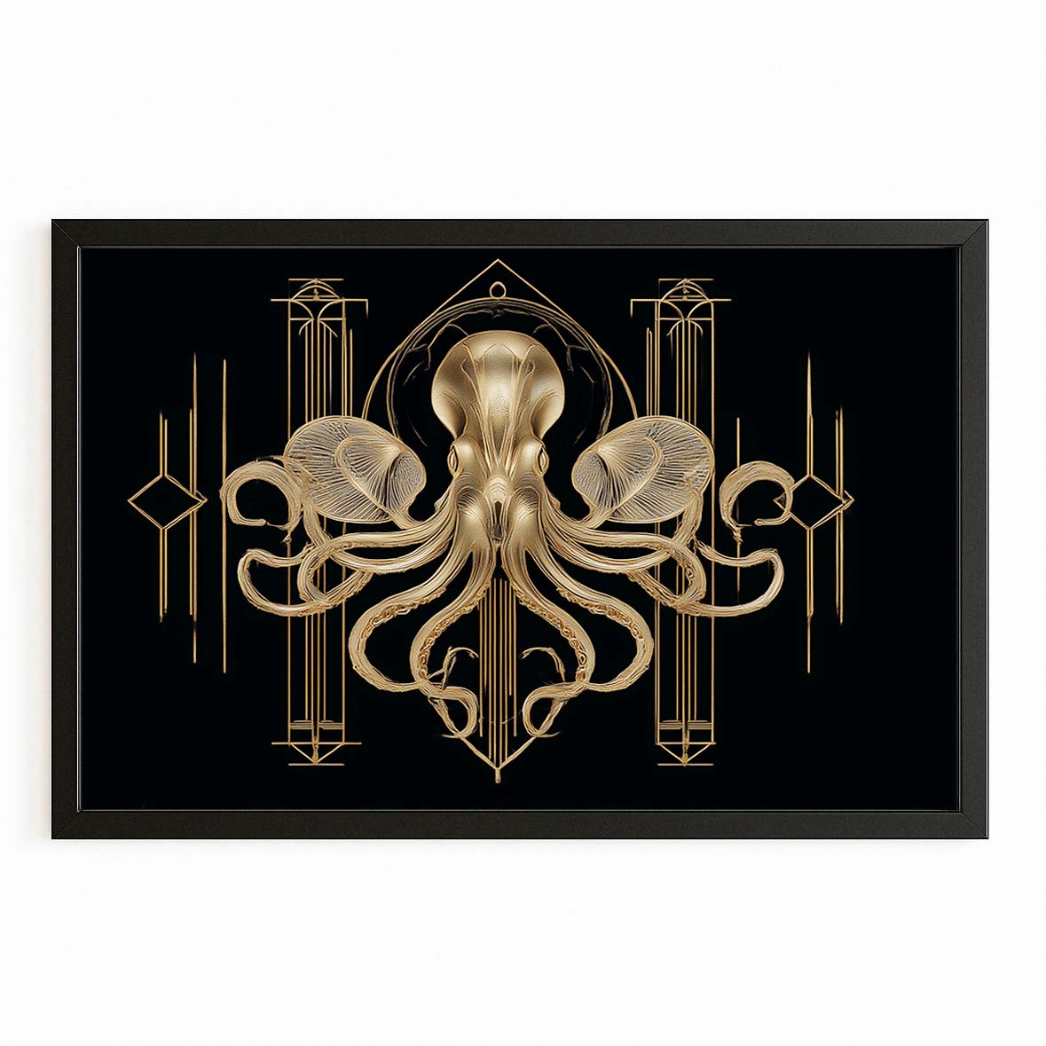 Deco Gold Crest Octopus Canvas Art – with Premium Black frame on white background