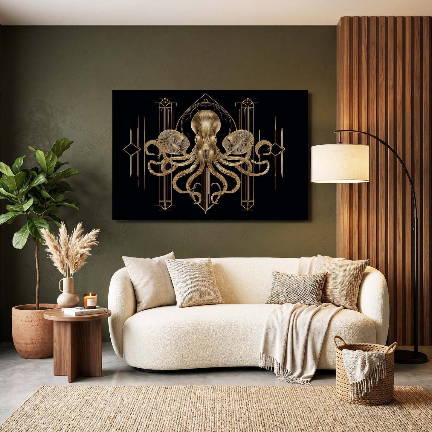 Deco Gold Crest Octopus Canvas Art – styled in a furnished interior