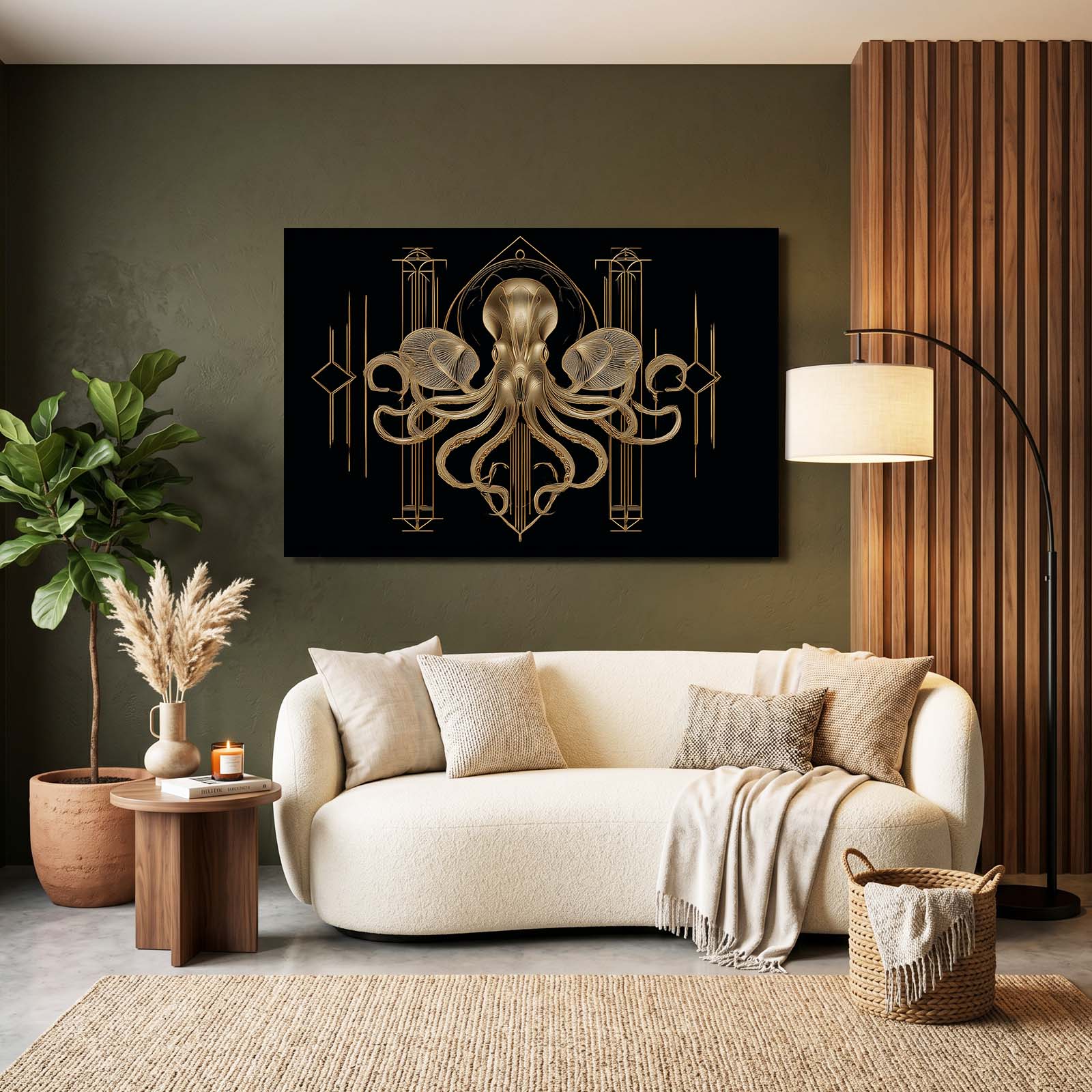 Deco Gold Crest Octopus Canvas Art – styled in a furnished interior