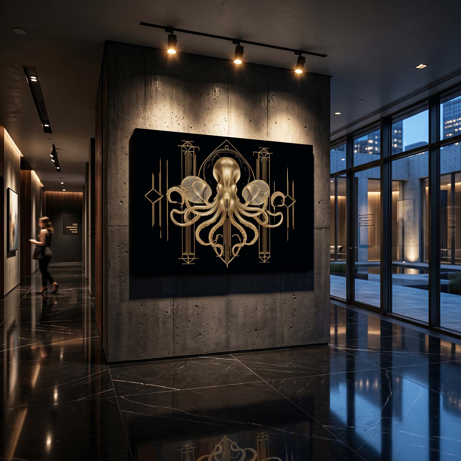 Deco Gold Crest Octopus Canvas Art – styled in a furnished interior