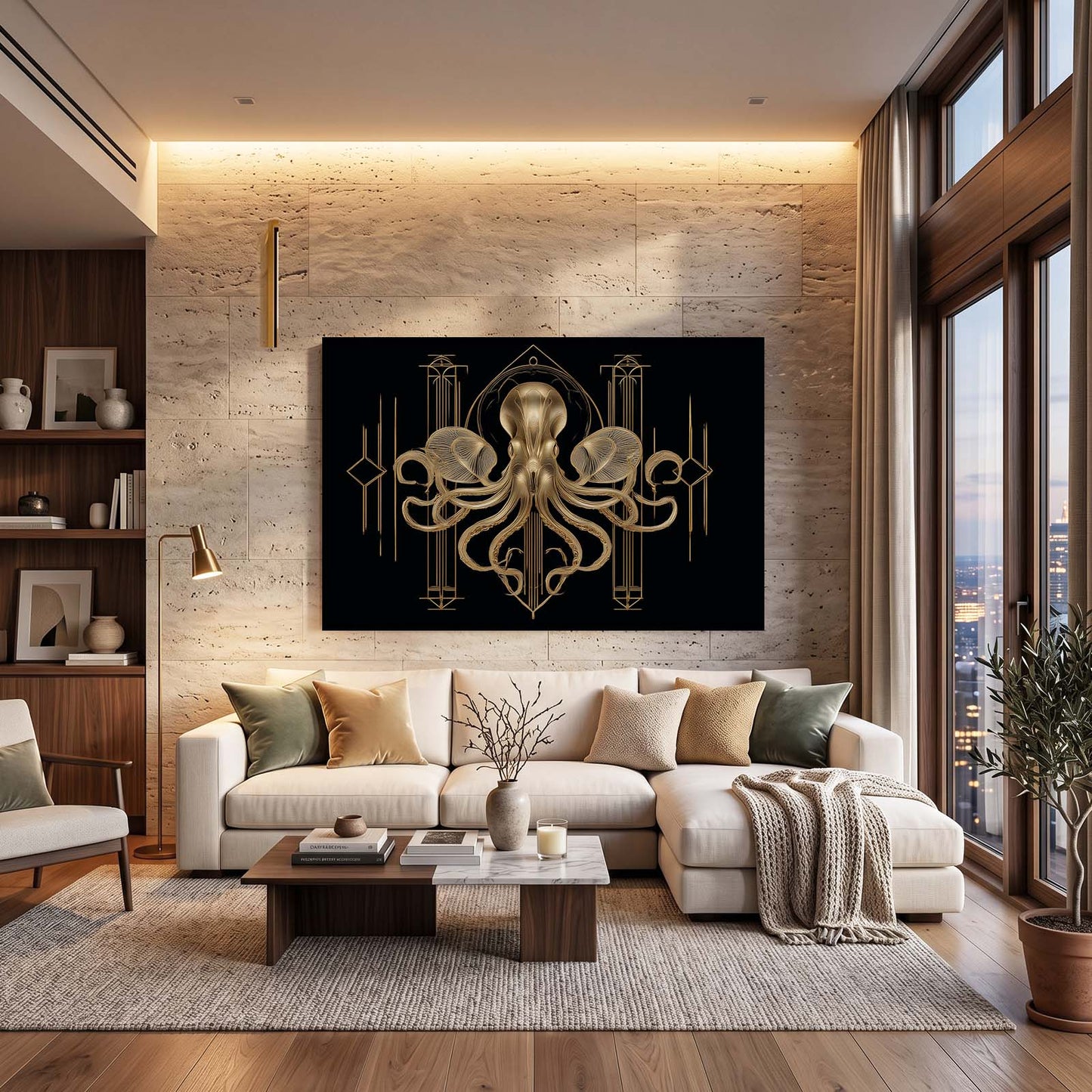 Deco Gold Crest Octopus Canvas Art – styled in a furnished interior