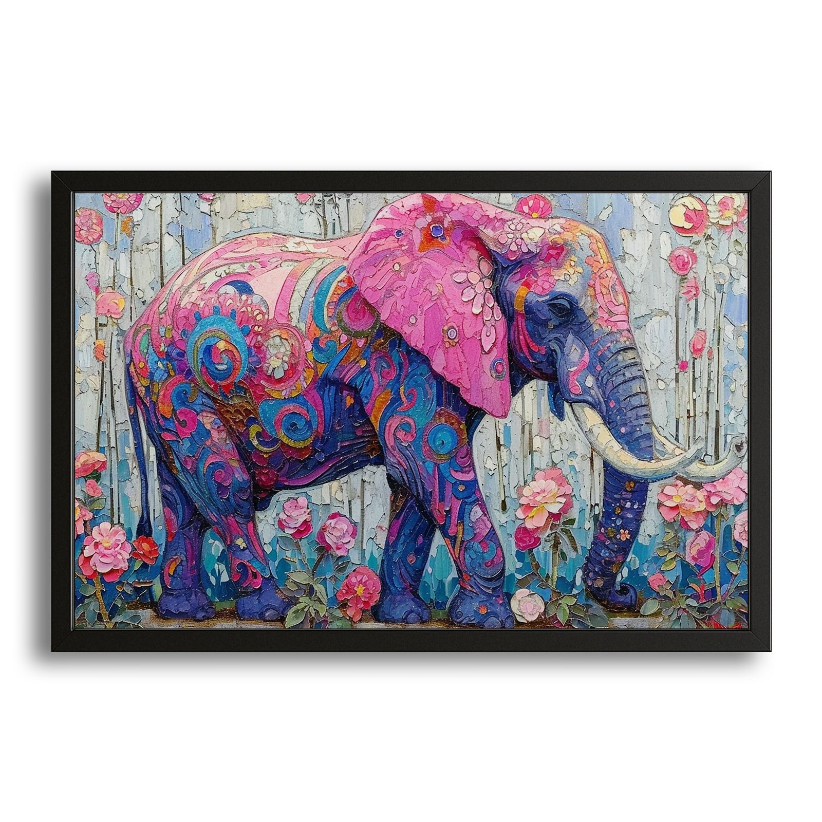Decorative Floral Elephant Art — botanical canvas print in blue tones, with Premium Black frame on white background