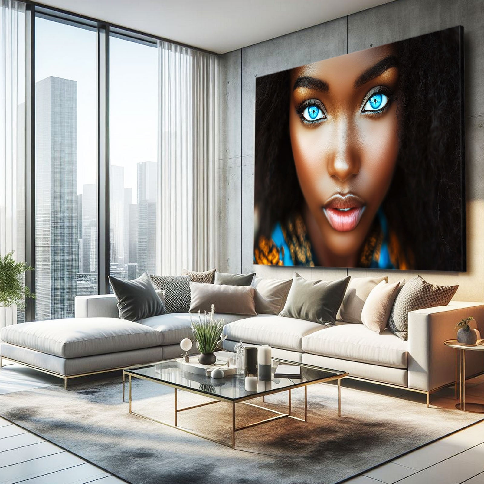 Deep Blue African American Wall Art — digital canvas print in orange tones, view 3