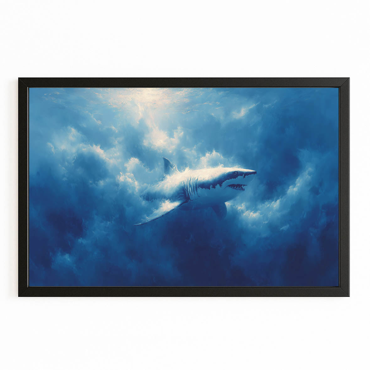 Deep Blue Ocean Shark Art – with Premium Black frame on white background