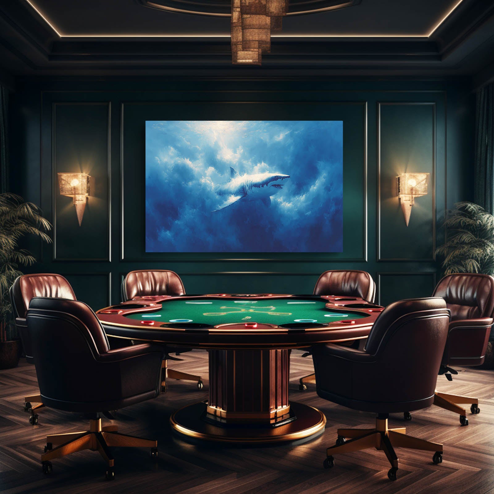 Deep Blue Ocean Shark Art – styled in a furnished interior
