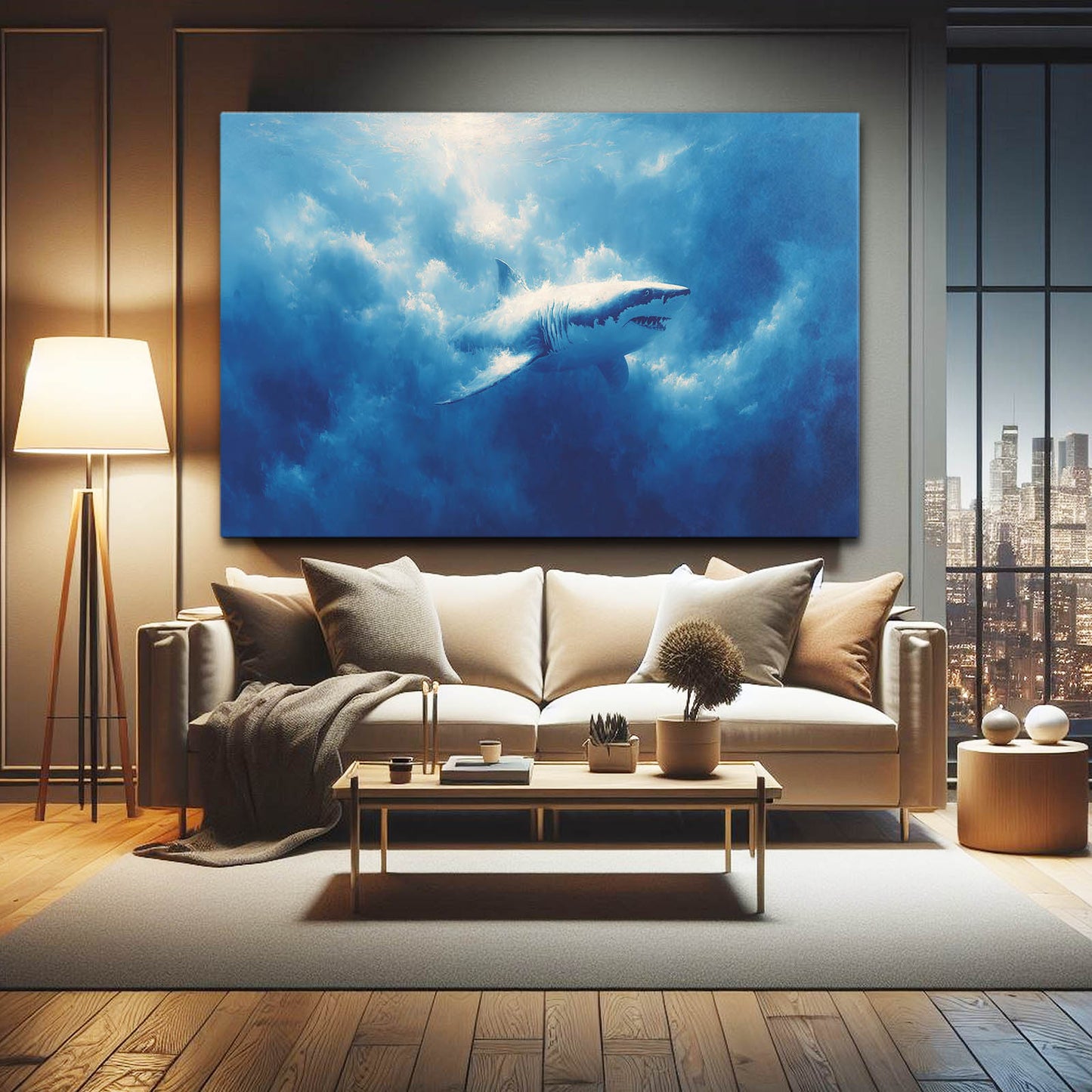 Deep Blue Ocean Shark Art – styled in a furnished interior