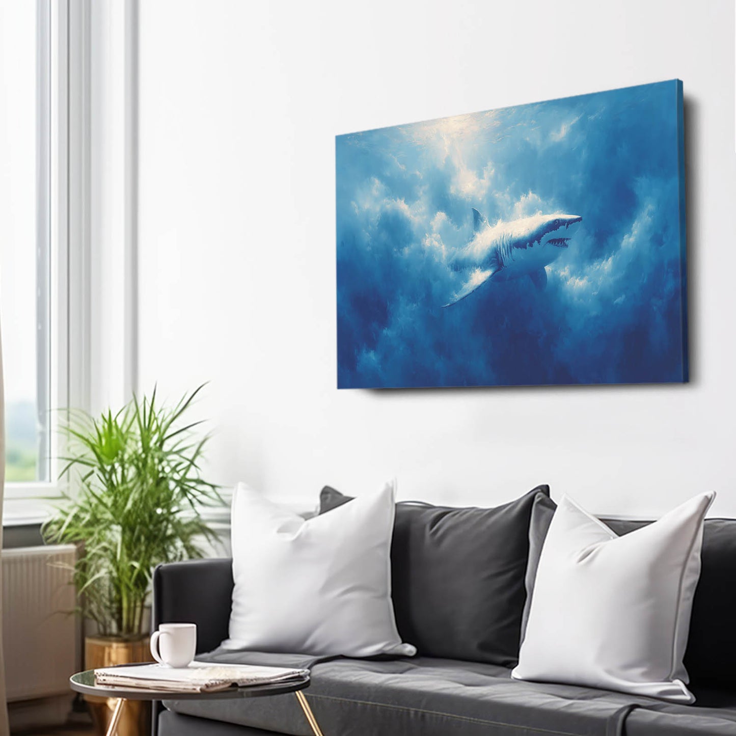 Deep Blue Ocean Shark Art – styled in a furnished interior
