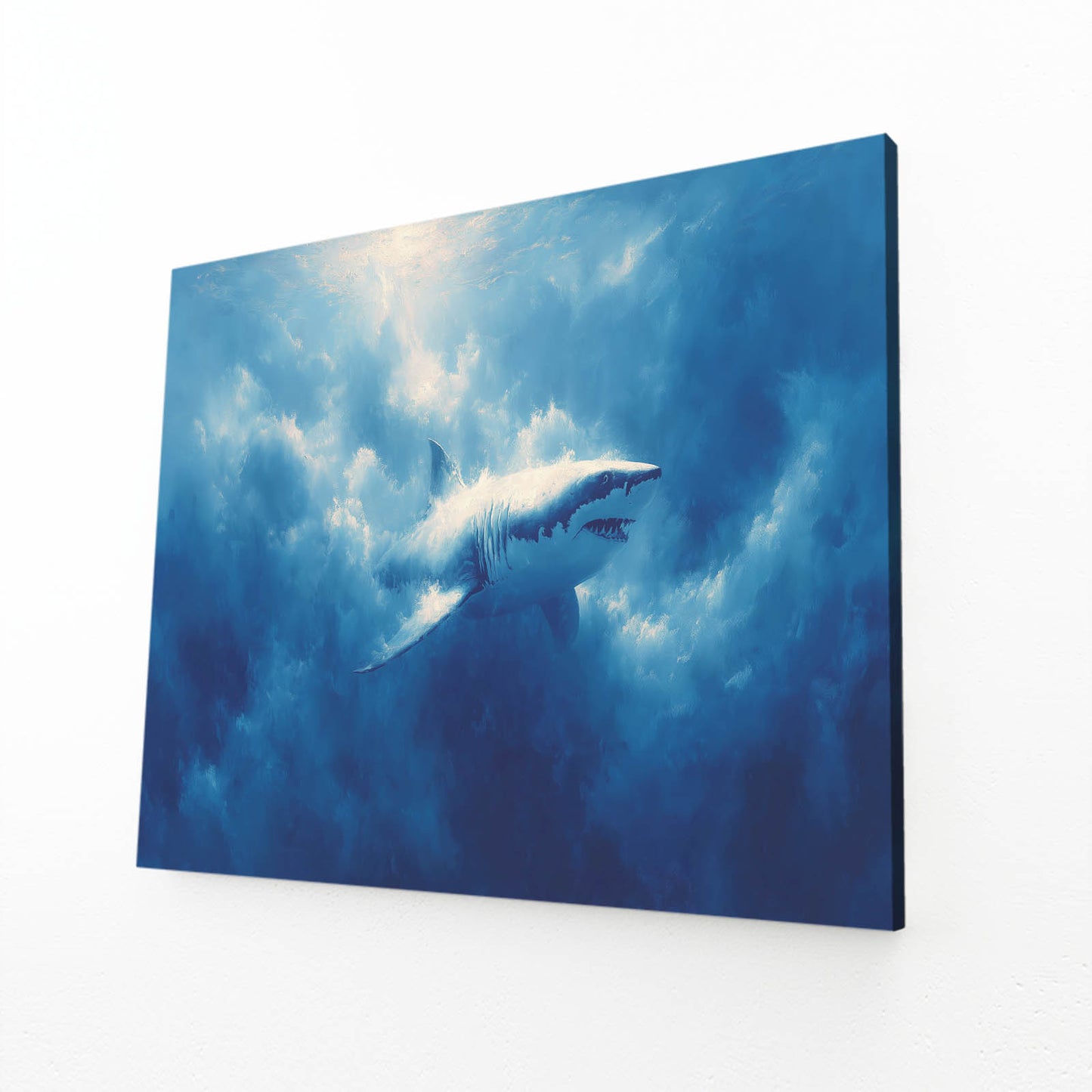 Deep Blue Ocean Shark Art – angled canvas view on white background