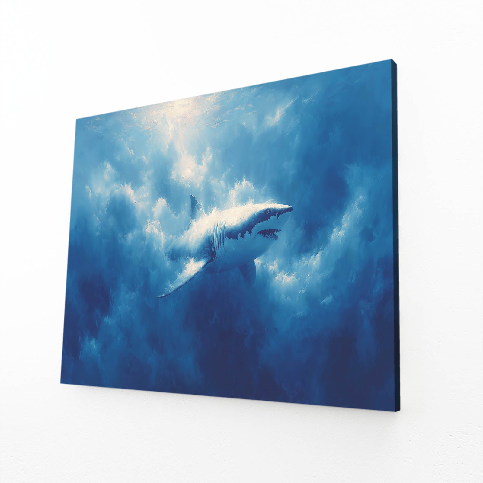 Deep Blue Ocean Shark Art – angled canvas view on white background