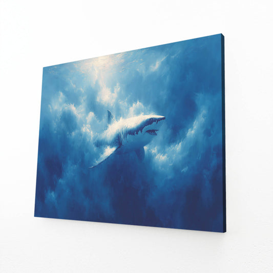 Deep Blue Ocean Shark Art – angled canvas view on white background