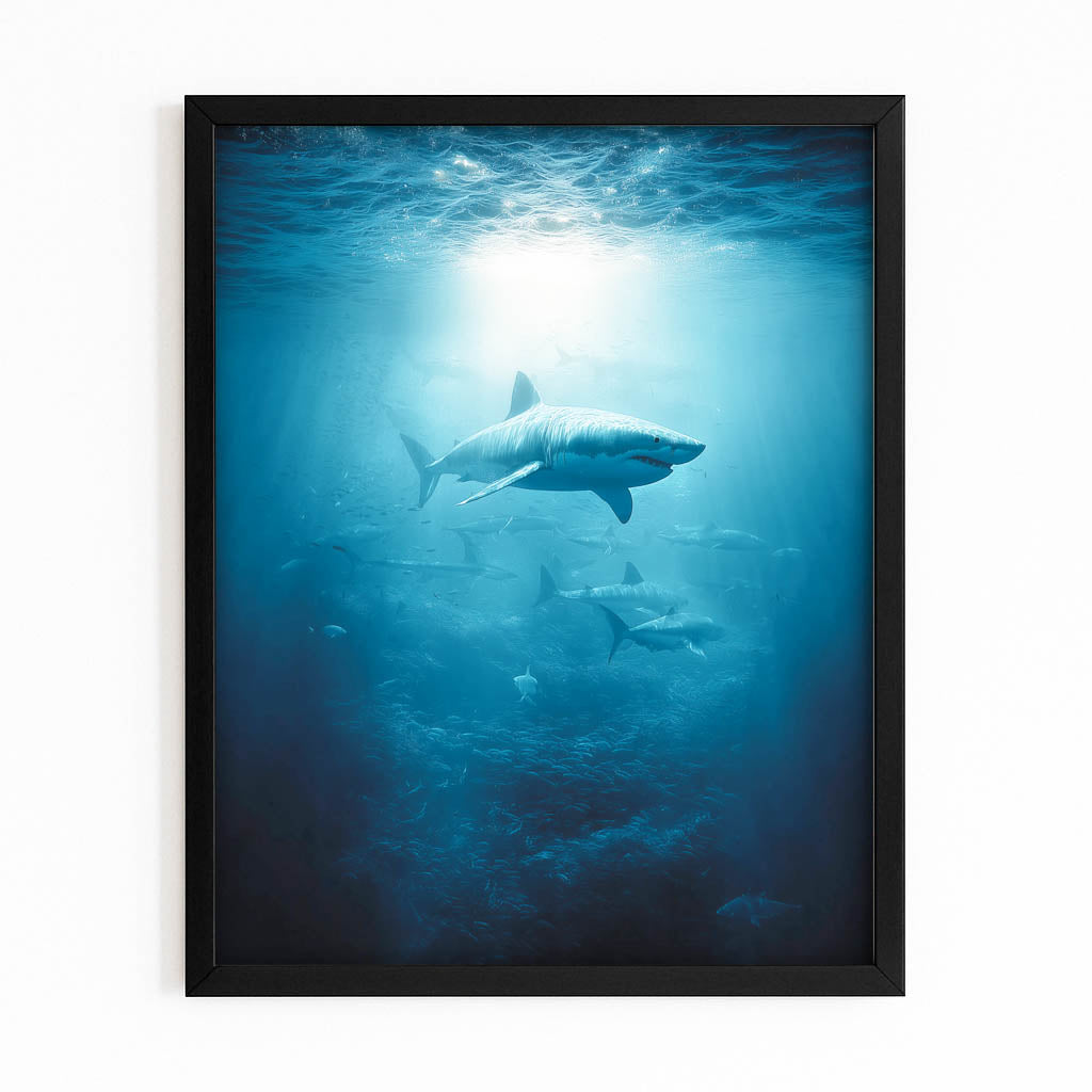 Deep Blue Solitude Shark Prints – with Premium Black frame on white background