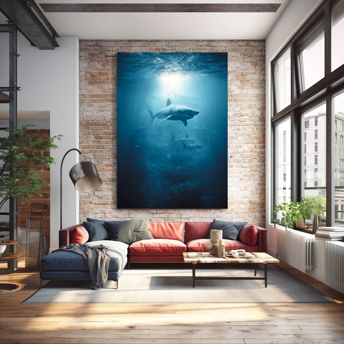 Deep Blue Solitude Shark Prints – styled in a furnished interior
