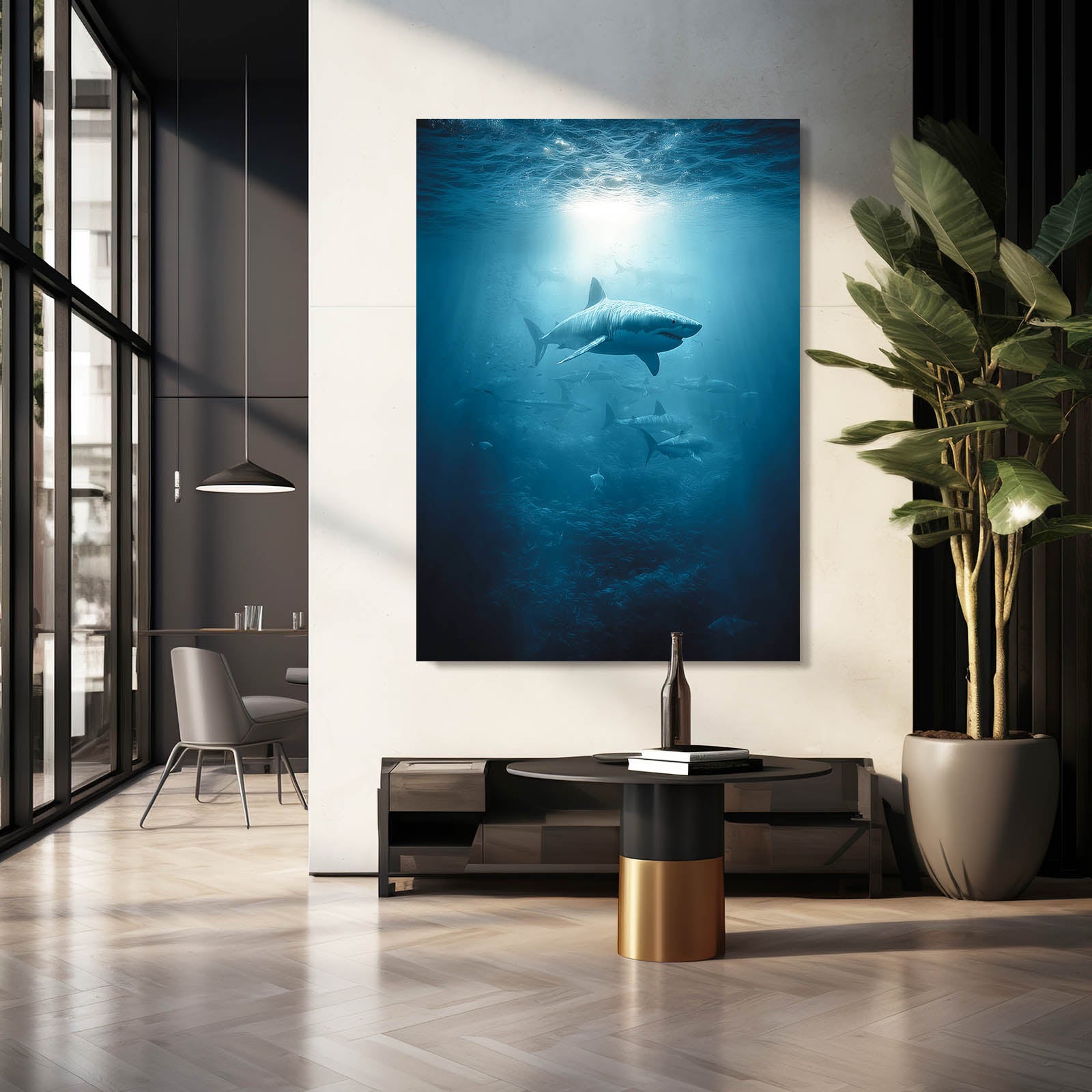 Deep Blue Solitude Shark Prints – styled in a furnished interior