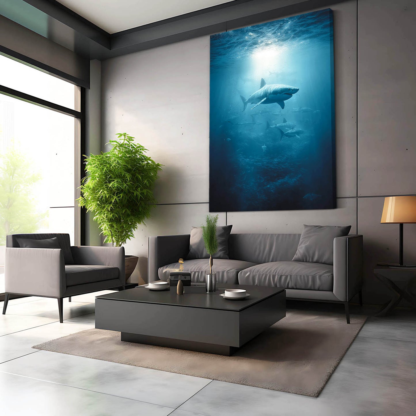 Deep Blue Solitude Shark Prints – styled in a furnished interior