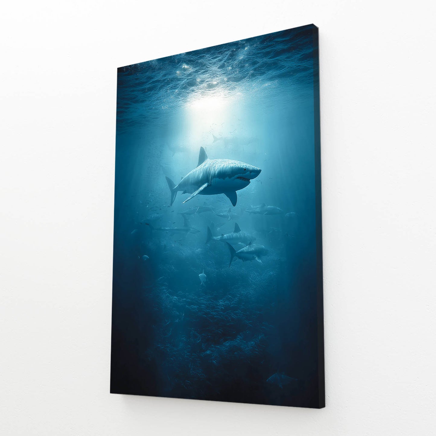 Deep Blue Solitude Shark Prints – angled canvas view on white background