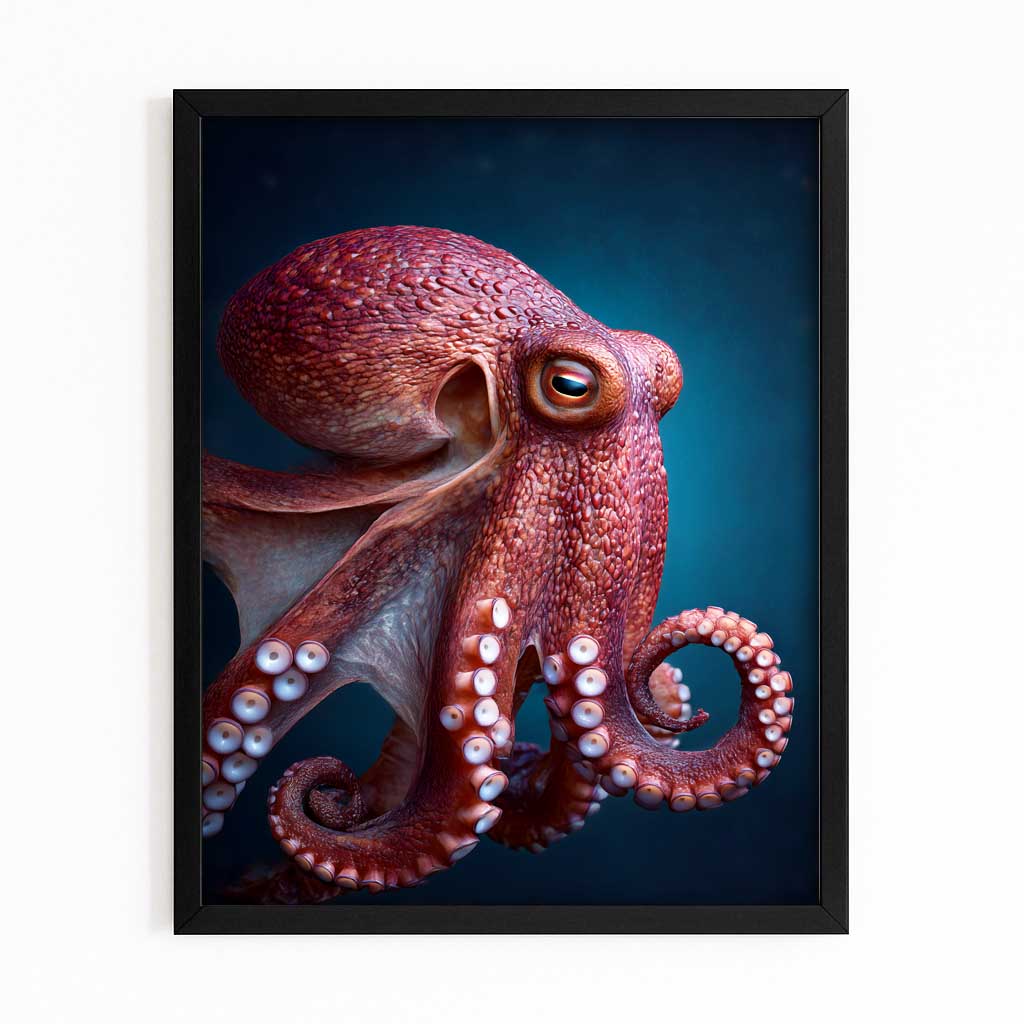 Deep Red Portrait Octopus Art – with Premium Black frame on white background