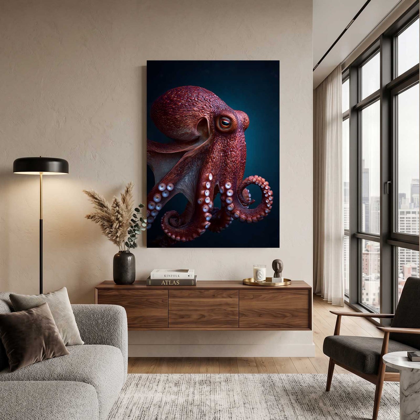 Deep Red Portrait Octopus Art – styled in a furnished interior
