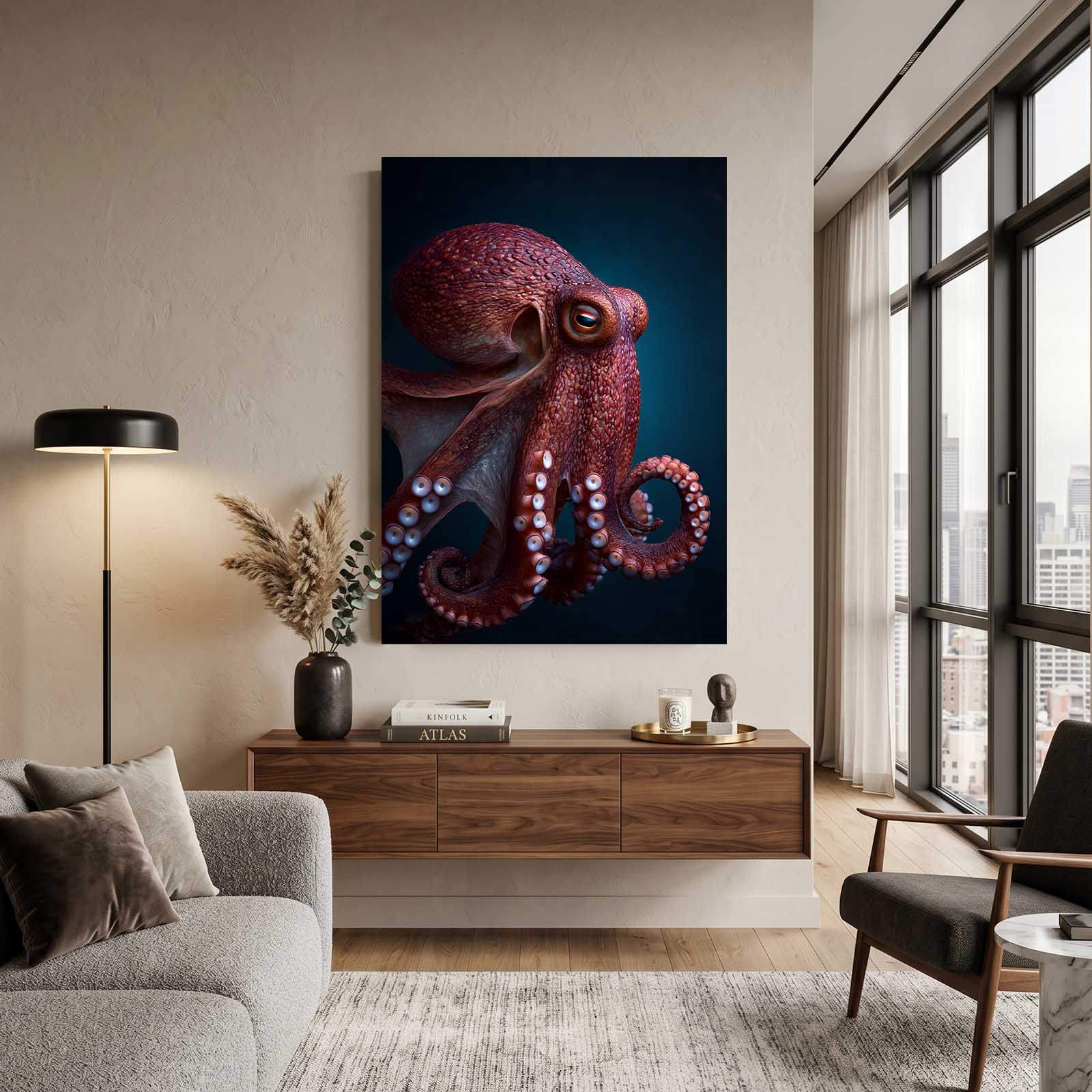 Deep Red Portrait Octopus Art – styled in a furnished interior
