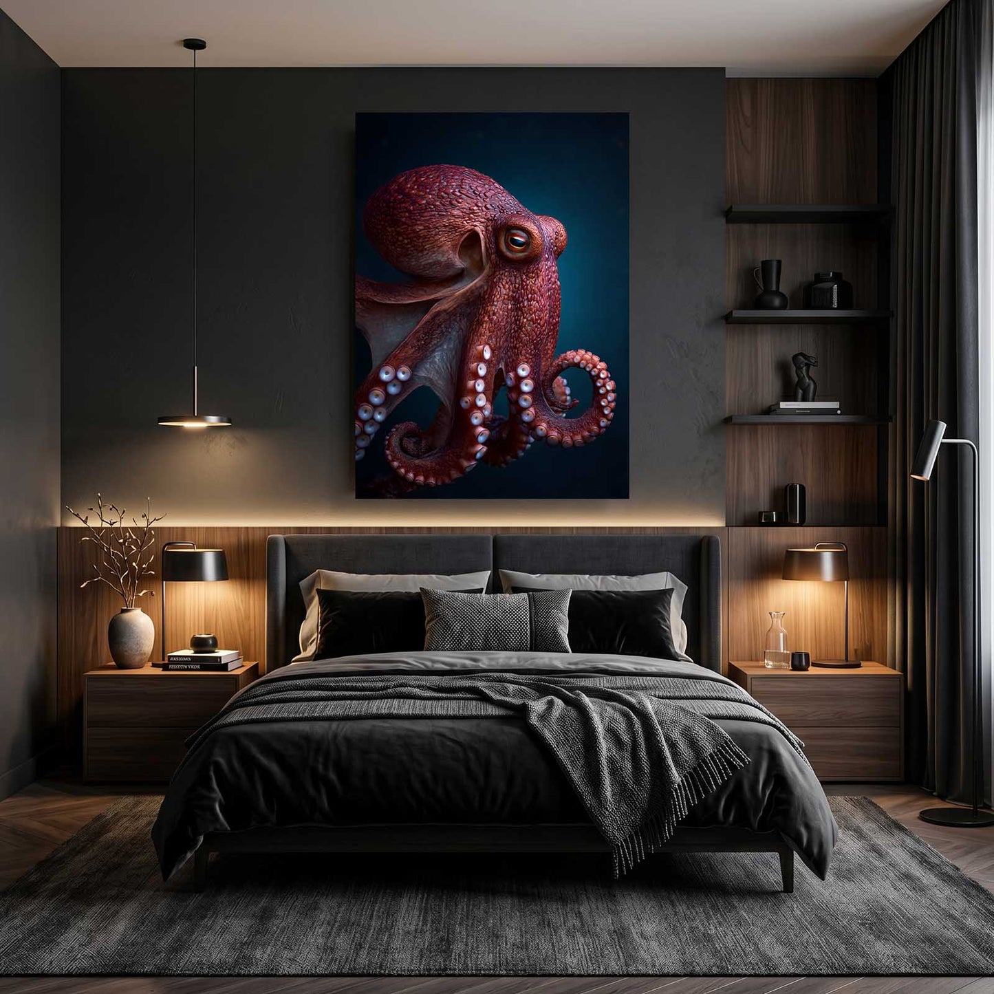 Deep Red Portrait Octopus Art – styled in a furnished interior