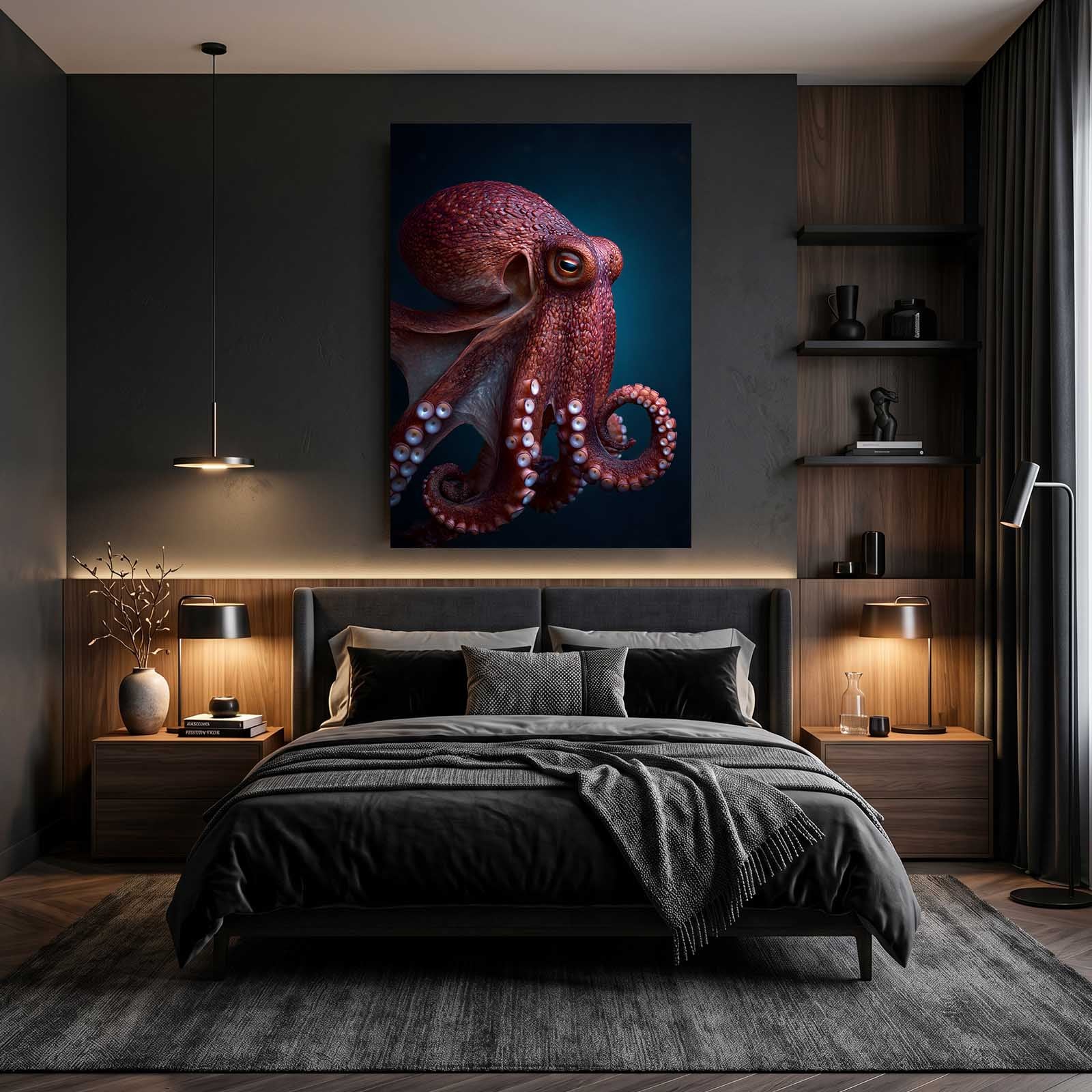 Deep Red Portrait Octopus Art – styled in a furnished interior
