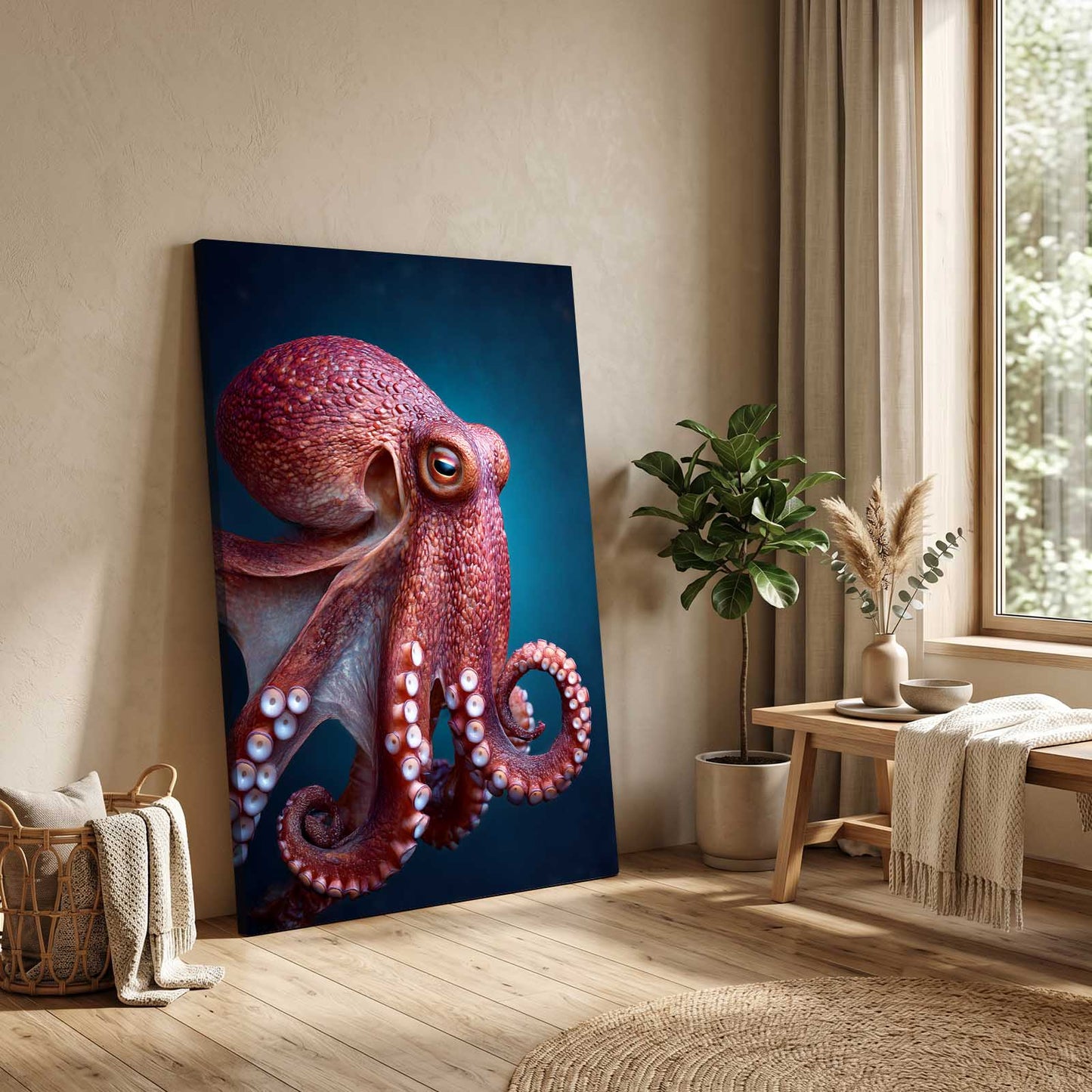 Deep Red Portrait Octopus Art – styled in a furnished interior