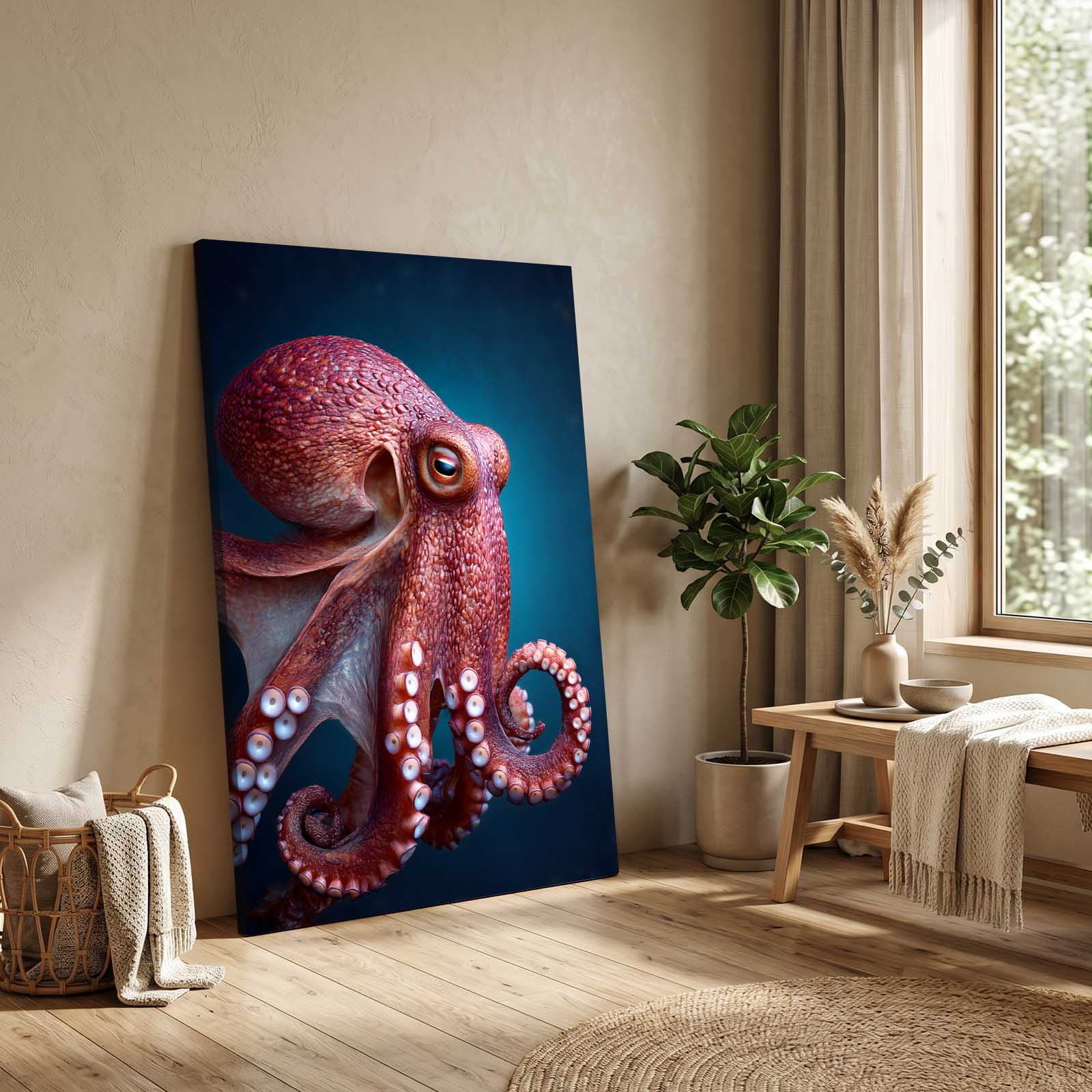 Deep Red Portrait Octopus Art – styled in a furnished interior