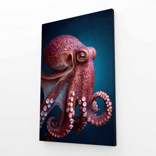 Deep Red Portrait Octopus Art – angled canvas view on white background