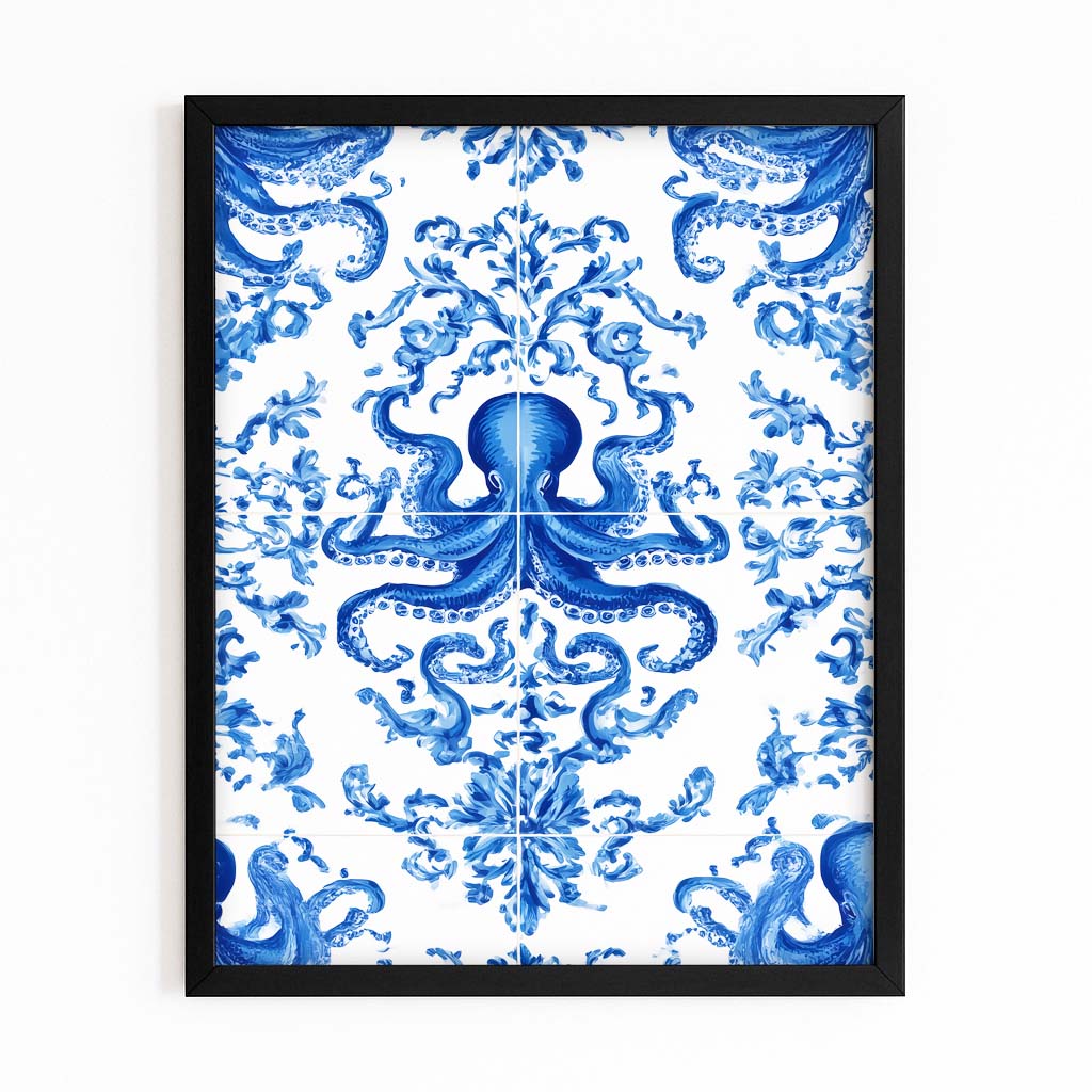 Delft Porcelain Octopus Prints – with Premium Black frame on white background