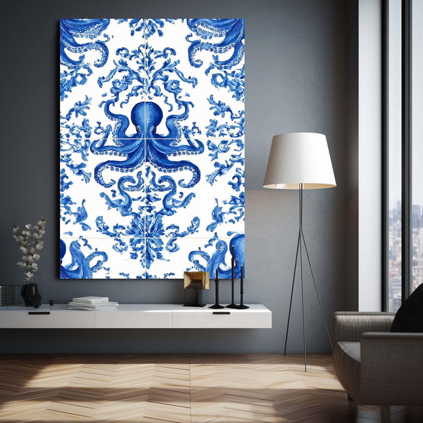 Delft Porcelain Octopus Prints – styled in a furnished interior