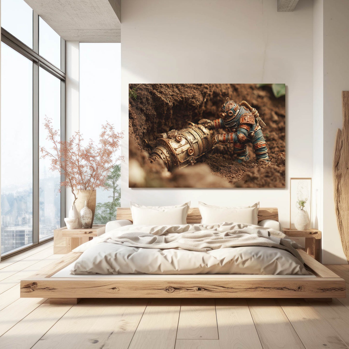 Desert Diver Robot Steampunk Prints – styled in a furnished interior