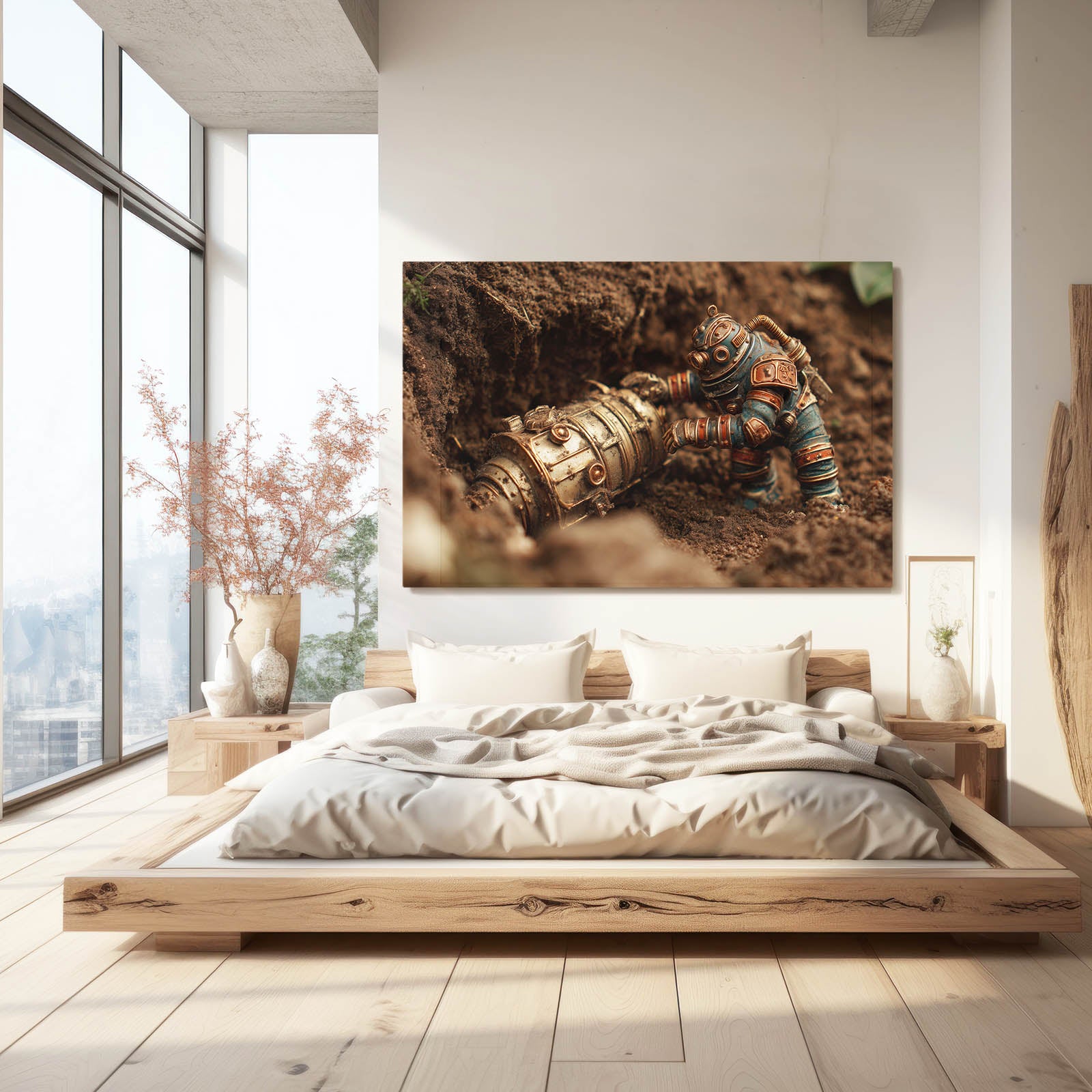 Desert Diver Robot Steampunk Prints – styled in a furnished interior