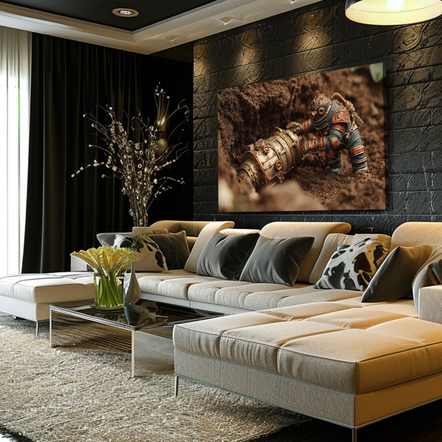 Desert Diver Robot Steampunk Prints – styled in a furnished interior
