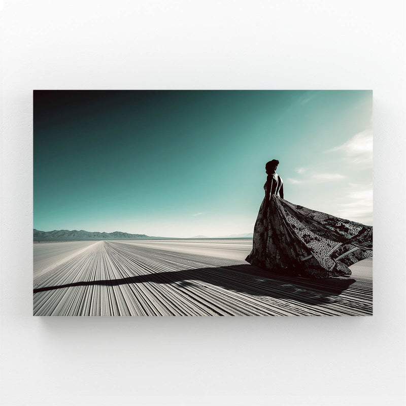 Desert Gown Photography Wall Decor – woman in a flowing black gown on a desert road