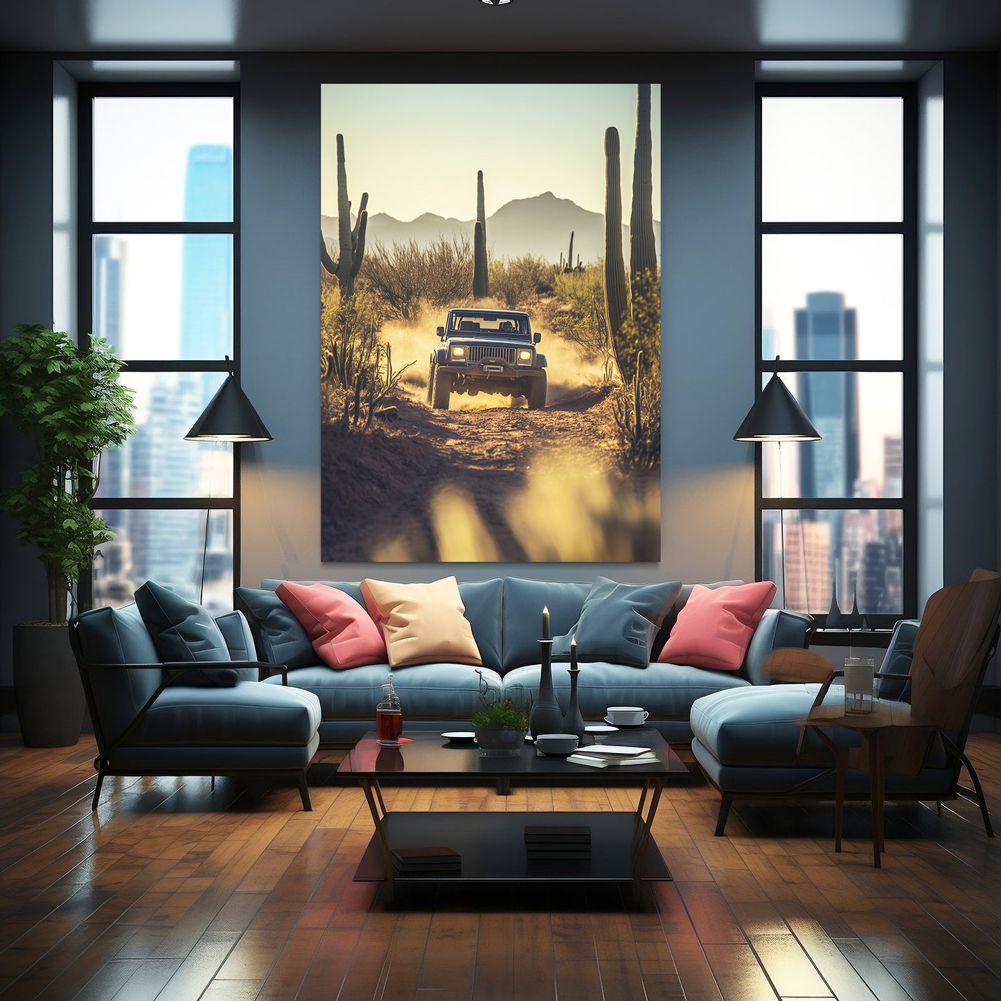 Desert Road Jeep Cactus Wall Art – styled in a furnished interior