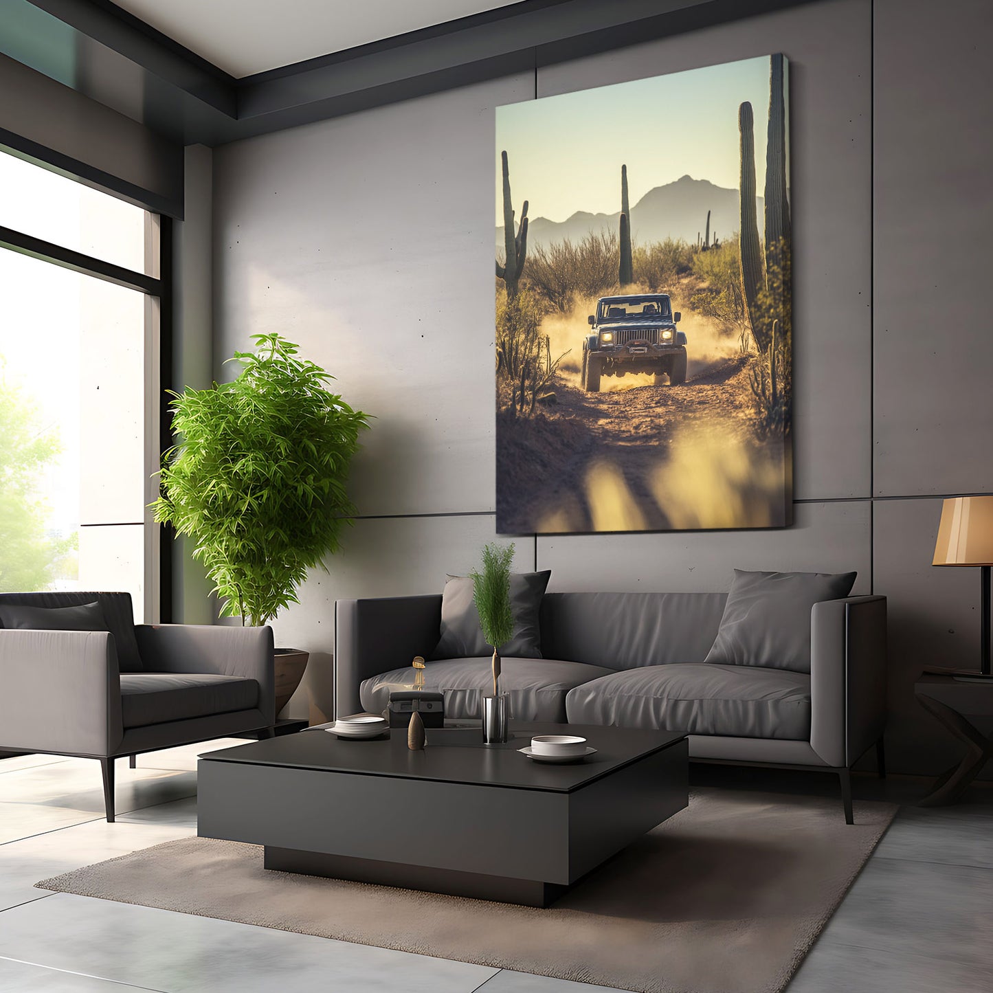 Desert Road Jeep Cactus Wall Art – styled in a furnished interior