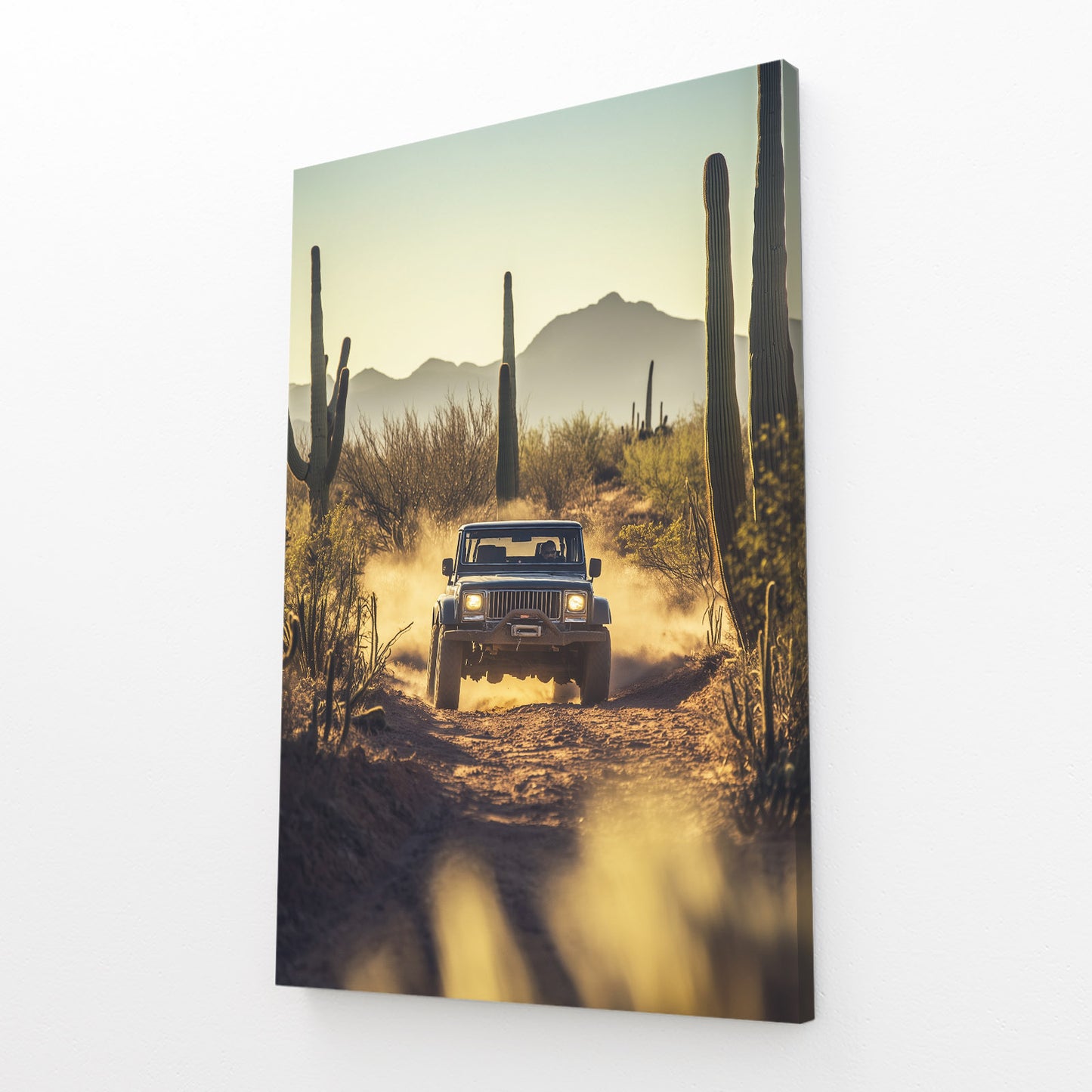 Desert Road Jeep Cactus Wall Art – angled canvas view on white background