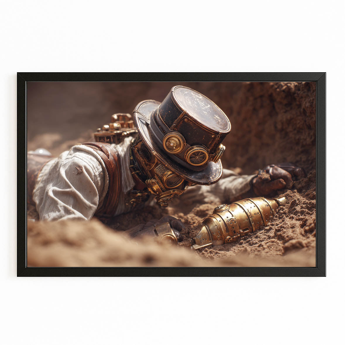 Desert Steam Explorer Steampunk Wall Art – with Premium Black frame on white background